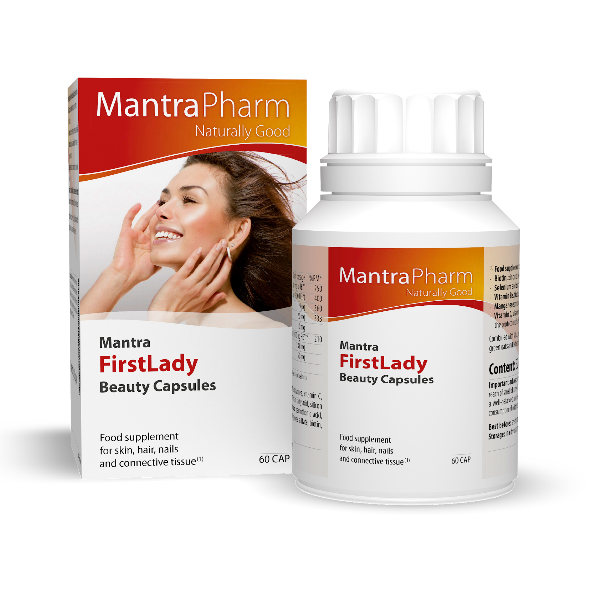 MantraPharm First Lady Beauty Capsules Food supplement for skin, hair, nails and connective tissue. Biotin, zinc and selenium contribute to the maintenance of normal hair. Selenium and zinc contribute to the mainteneance of normal nails. Vitamin B2, biotin, niacin and zinc contribute to the maintenance of normal skin. Manganese contributes to the normal formation of connective tissue. Vitamin C, vitamin E, vitamin B2, manganese, selenium and zinc contribute to the protection of cells from oxidative stress.